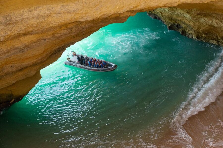 Albufeira: Dolphins & Benagil Caves RIB Tour - Benagil Sea Cave with easier interior access: what the stop is like