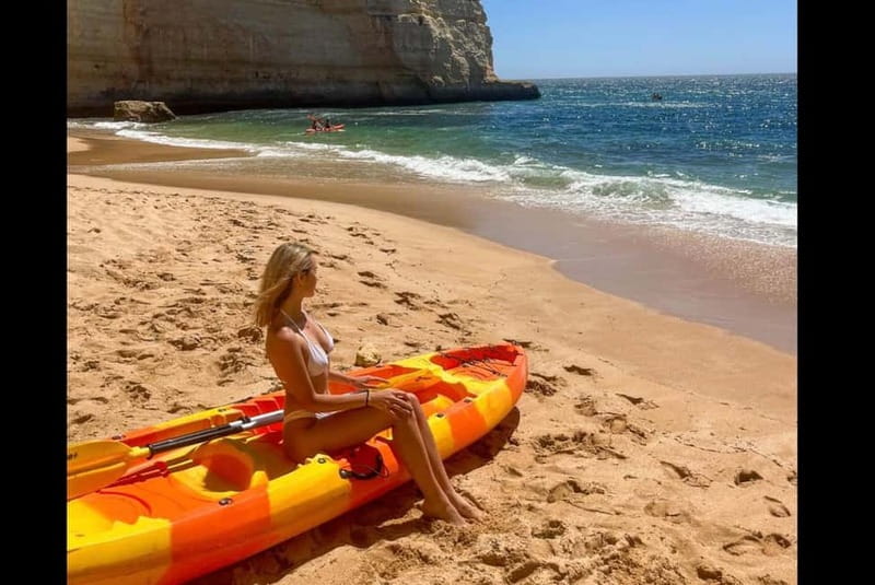 Benagil: Guided Kayak Tour inside caves and Praia da Marinha - Praia da Marinha from the water: the rock formations look different here