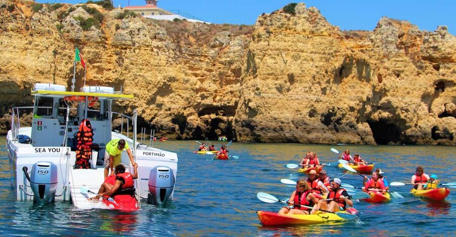 Lagos: Kayaking Tour - The launch plan: how the catamaran and kayaking connect